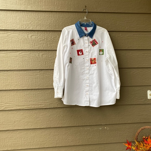 CHRISTMAS PATCHWORK SHIRT Holiday Blouse Women Button-Down 2X Cute - Picture 16 of 16